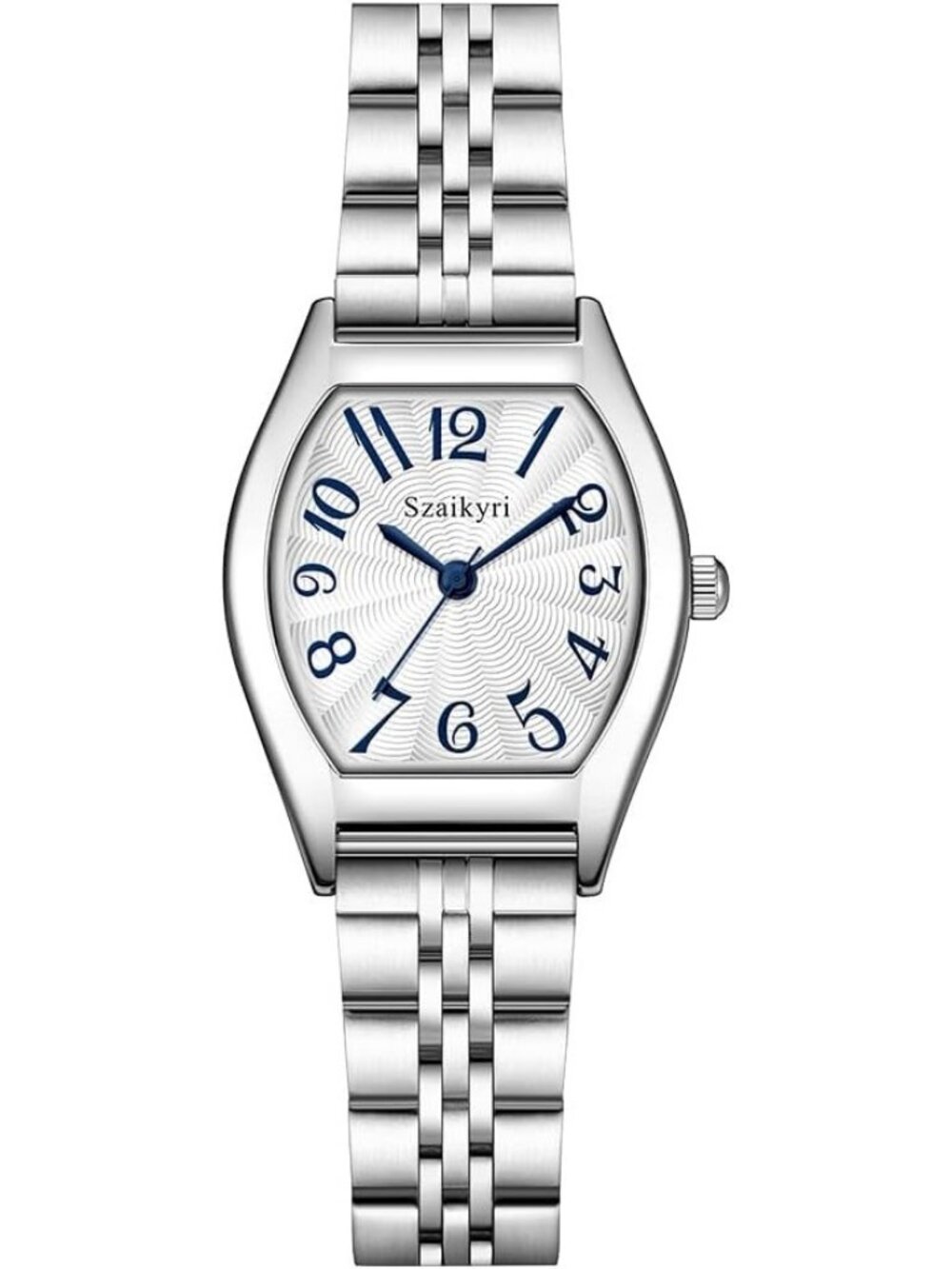 Women's Silver-Blue Barrel-Shaped Easy Read Arabic Numerals Dress wrist Watch - Picture 1 of 6